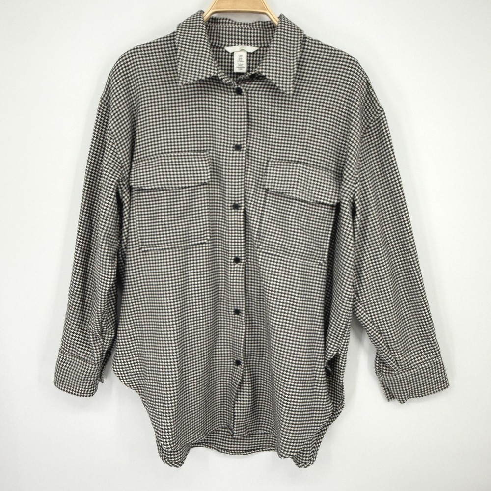 H&M Houndstooth Shacket Womens Medium Black White Oversized‎ Button Up
